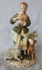 Alka Kunst Dresden Art Figurine Woman with Dog, Sheep & Flute 7 1/4