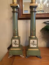 Pair French Neoclassical Green Tole Column Table Lamps Frederick Cooper VTG picture