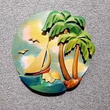 Barbara Sorenson Art Wood Sculpture Plaque Palm Tree Yach Birds 2003 Signed picture