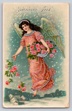 c1910 Angel Silver Gilt Roses Gel Card Christmas  P812 picture