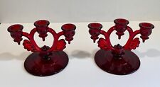 SET OF NEW MARTINSVILLE GLASS RUBY RED MOONDROPS 3-LIGHT CANDLE HOLDERS 1932-40 picture