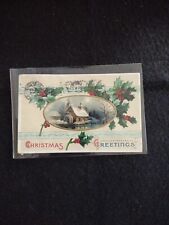1910 Christmas Greetings Postcard Embossed Holly With Farm Scene picture