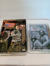 62 pcs various army patches pins in vintage VFW Cookie Tin Most patches new picture