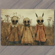 POSTCARD Weird Creepy Vibe Kids Girls Masks Halloween Unusual Strange Field Cult picture
