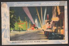 Greetings from Hollywood Boulevard at Night c1930s Linen Postcard California picture