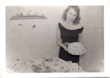 Pretty Young Woman holding Birthday Cake, Off Shoulder Dress 1950s Vintage Photo picture