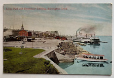 1913 IA Postcard Burlington Iowa Levee Park & Steamboat Landing steamer ship picture