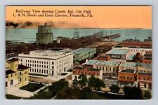 Pensacola FL-Florida, County Jail, City Hall, Grain Elevator, Vintage Postcard picture