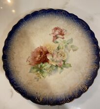 Antique Vintage Sterling China Blooming Roses 10”Plate With Cream & Blue Border picture