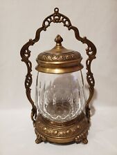 Castilian Imports Crystal Jar With Brass Lid and Ornate Caddy Stand RARE picture