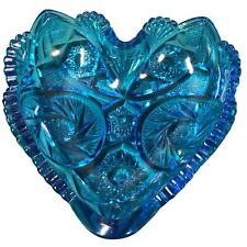 Heart Shape Sawtooth Dish 1960s Era Blue Kemple McKee Glass Aztec Pattern MCM picture