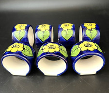 Set of 7 Talavera Pottery Mexico Hand Painted Floral Napkin Rings Blue Yellow picture