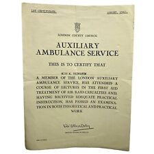 Vtg 1942 WWII Era AUXILIARY AMBULANCE SERVICE London County Council Certificate picture