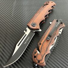 8.5” Wood Tactical Spring Assisted Open Black Blade Folding Pocket Knife Hunting picture