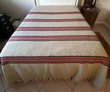Vintage Wool Blanket Hand Woven Khaki w/ Red & Black Stripes 88x102 picture