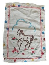Antique Linen Kitchen Towel Hand Cross Stitch Embroidered Horse/Pony W Trim picture