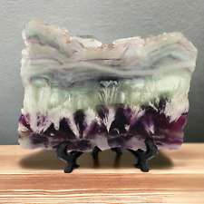 Purple and Green Feather Fluorite Crystal Slab Specimen 193 grams Includes Stand picture