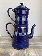 Antique French Enamelware Biggin Coffee Pot Cobalt Blue With Turquoise Squares picture