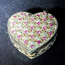 PINK ENAMEL & RHINESTONE LATTICE Heart Shaped Trinket or Pill Box picture