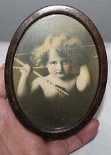 ANTIQUE CUPID AWAKE ANGEL TIN METAL OVAL FRAME WITH GLASS 3 3/8