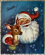 Vintage Christmas Santa Hug Deer Bell Necklace Greeting Card 1940s 1950s READ picture