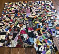 Antique Dated 1940s Silk Crazy Patchwork Quilt Top Hand Stitched 2 Pieces picture
