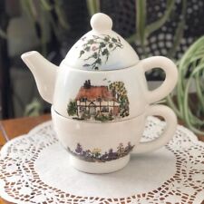 Vintage Tea for One Cottage Whimsical Floral Porcelain Nesting Teapot & Tea Cup picture