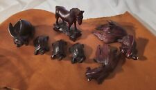 Lot of 7 Vintage Hand Carved Rosewood Asian Animals Koi Turtles Horse Glass Eyes picture