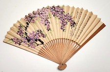 Chinese Folding Fan Bamboo Paper Hand Painted Floral Calligraphy 16.5'' Span picture