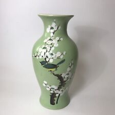 Vintage Hand Painted Celedon Green Vase Bird on Floral Branch 9” Crazing picture