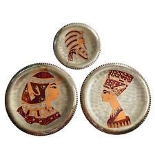 Lot 3 Vintage Egyptian Hanging Wall Plates, Hand Etched Metal Plaques picture
