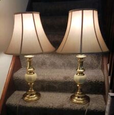 Vtg Brass Enamel Stiffel Table Lamp Pair With Original Shades Vgc Elegant picture