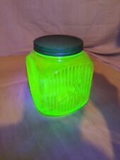 Vtg HOOSIER Square Cookie Jar Canister Green Lid Ribbed Depression Uranium Glass picture