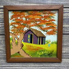 Vtg Hand Painted Picture Purple Cottage Fall Autumn Tree Wooden Square Frame 7” picture