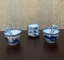 Blue and White Japanese  Imari  5 Ceramic Rice Bowls with  4 Ceramic Spoons picture