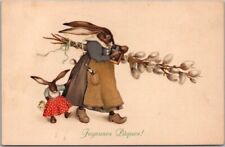 Vintage French HAPPY EASTER Postcard DRESSED RABBITS 
