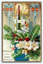 1910 New Year Holly Berries Flowers Champagne Grand Rapids MI Tuck's Postcard picture