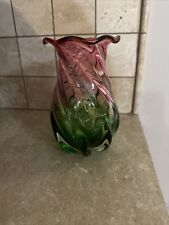 VTG Hand Blown Teleflora Watermelon Pink Green Swirl Scallop Glass Vase picture