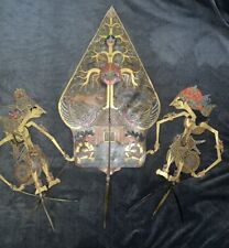 Vintage Lot Of 2 Wayang Kulit Leather Shadow Puppets & 1 Gunungan Puppet. picture