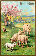 Postcard Illustrated Blessed Easter Greeting Sheep Shepherd Dog picture