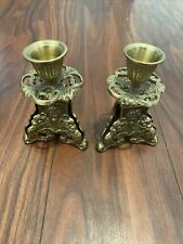 Beautiful Ornate pair of Vintage Brass  Candlesticks Cherub face Taiwan 4” picture