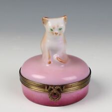 Limoges Castel Orange & White Cat Trinket Box Peint Main France Pink Porcelain picture