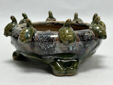 Vintage Majolica Pottery 8 Climbing Turtles Footed Planter Green Glazed Pot picture