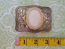 Belt Buckle White Oval Cabochon Stone centerpiece on Ornate Silver with Gold   picture