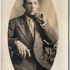 c1910s Handsome Young Mans Portrait RPPC Thinking Pose Classy Fashion Photo A211 picture