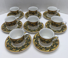 Set 8 Cup & Saucer Sets Lynn's Fine China Valetta Green & Gold Scroll; All VGUC picture