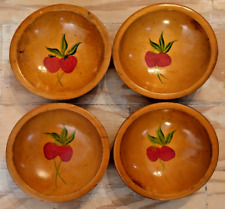 Vintage Munising Wooden Salad Bowl Brown Strawberry Design Lot Of 4 Round Shape picture