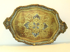 Vintage Italian Florentine Scalloped Edge Oval Blue Gold Gilt Painted Lg. Tray picture