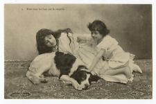 c 1905 Sleepy Mother Daughter w/ PET DOG photo postcard picture