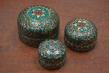 3 PCS SET HANDMADE BRASS TURQUOISE CORAL NEPAL TRINKET BOXES #F-1178 picture